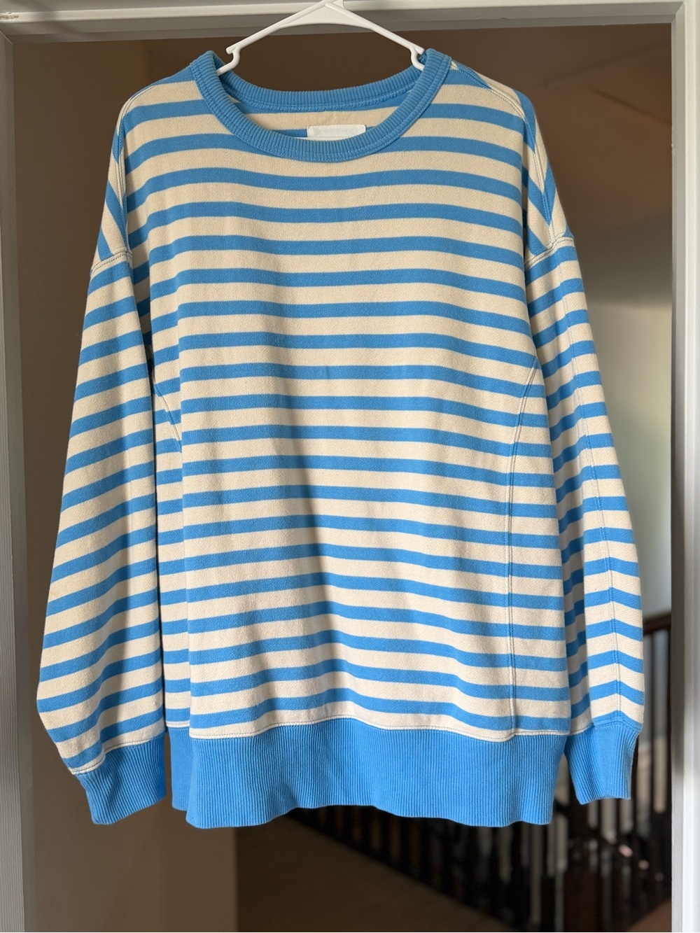 Aerie Go-To Sweatshirt Blue Cream Striped Oversized Crewneck. Oversized Small